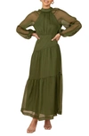 Petal And Pup Julip Long Sleeve Tiered Maxi Dress In Olive