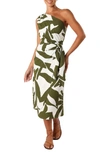 Petal And Pup Zara Print One-shoulder Midi Dress In Olive Palm