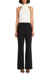 Maggy London Rosette Cutaway Wide Leg Jumpsuit In Ivory/ Black