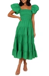 Petal And Pup Annette Puff Sleeve Midi A-line Dress In Green