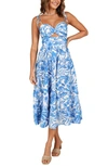 Petal And Pup Rose Floral Tie Strap Tiered Midi Dress In Blue/ White