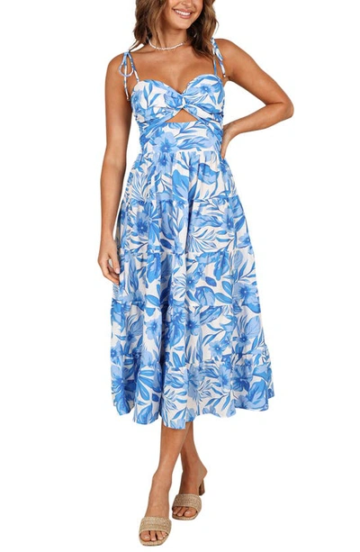 Petal And Pup Rose Floral Tie Strap Tiered Midi Dress In Blue,white
