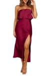Shop Petal And Pup Petal & Pup Vienna Popover Strapless Satin Midi Dress In Berry
