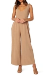 Shop Petal And Pup Petal & Pup Ayla Tie Shoulder Wide Leg Linen Jumpsuit In Mocha