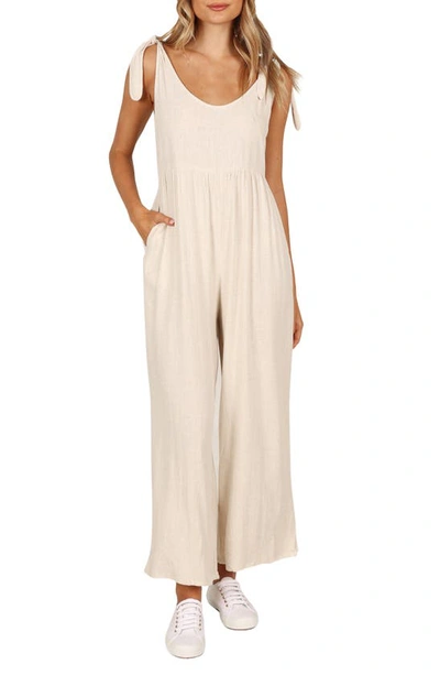 Petal And Pup Ayla Tie Shoulder Wide Leg Linen Jumpsuit In Beige