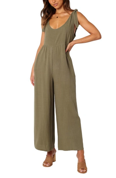 Petal And Pup Ayla Tie Shoulder Wide Leg Linen Jumpsuit In Olive