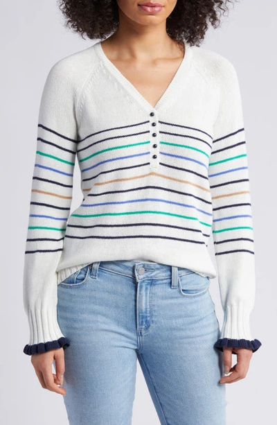 Nic + Zoe Nic+zoe Petites Maritime Cotton V Neck Henley Sweater In Cream Multi