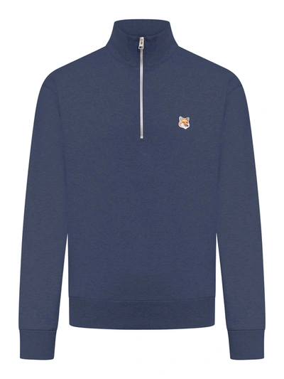 Maison Kitsuné Fox Head Logo Sweatshirt With Half-zipper In Blue