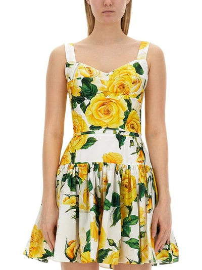 Dolce & Gabbana Rose Print Bustier Top In Cotton In Yellow