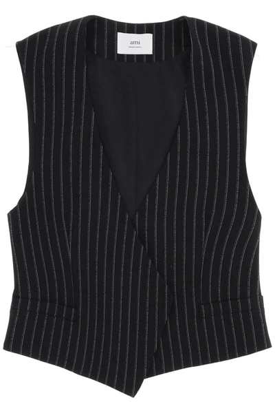 Ami Alexandre Mattiussi Pinstriped Virgin Wool Vest In Black
