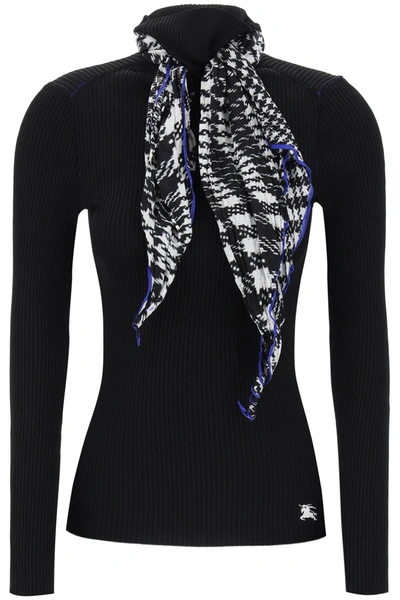 Burberry Ribbed Scarf High Neck Sweater In Black