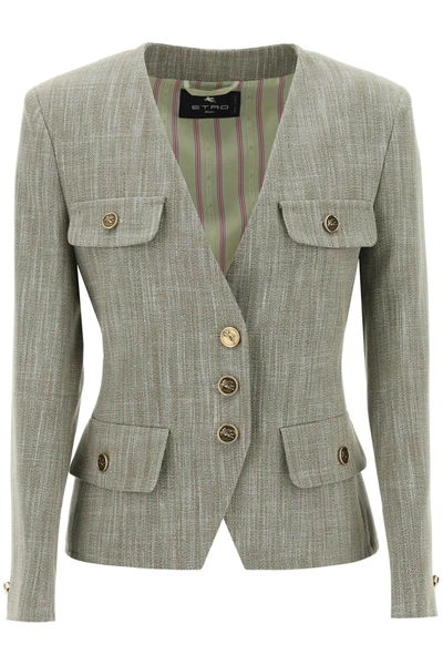 Etro Fitted Jacket With Padded Shoulders In Green
