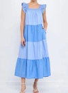 English Factory Ruffle Detail Colorblock Midi Dress In Blue