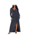 Betsy & Adam Plus Metallic Faux Wrap Gown In Grey