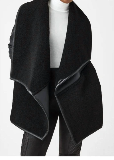 Spanx Fleece & Faux Leather Long Wrap Jacket In Very Black