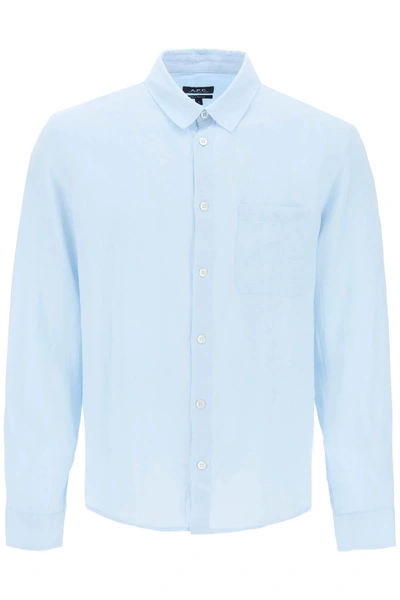Apc A.p.c. Long-sleeved Light Blue Linen Shirt With Embroidered Logo