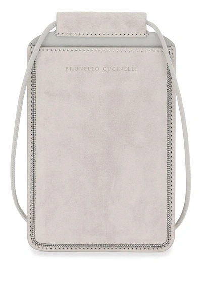 Brunello Cucinelli Suede Leather Cell Phone Holder With Monile Detail In Grey