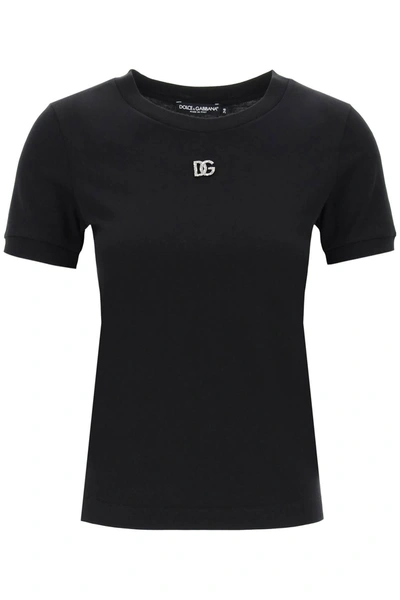 Dolce & Gabbana Black T-shirt With Logo Decorated With Crystals On The Front In Cotton Woman