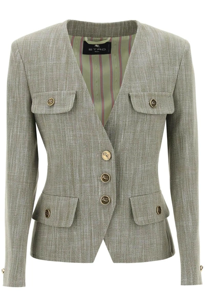 Etro Fitted Jacket With Padded Shoulders In Green
