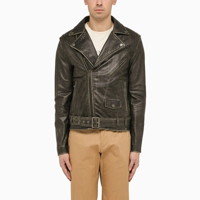 Golden Goose Black Biker Leather Jacket In Green