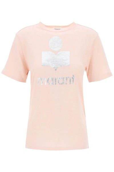 Marant Etoile Zewel T Shirt With Metallic Logo Print In Silver,pink