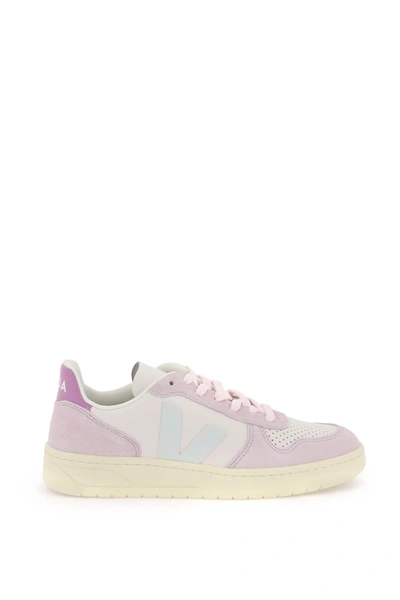 Veja V-10 Leather Trainers In Gravel Menthol Parm In White,purple,light Blue