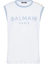 Balmain Tank Top With Shoulder Buttons And Contrast Trim In Blancbleu