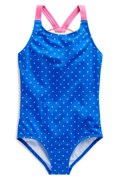 Mini Boden Kids' Logo Back Swimsuit Blue Spot Rainbow Girls Boden
