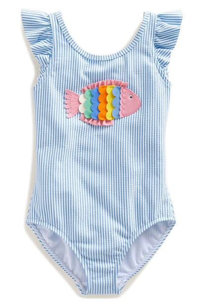 Mini Boden Kids' Logo Flutter Sleeve Swimsuit Blue Ticking Fish Girls Boden