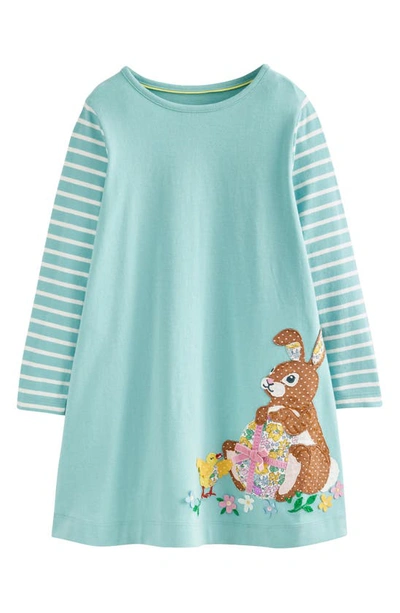 Mini Boden Kids' Bunny & Egg Appliqué Long Sleeve Cotton Dress In Pale Blue Bunny