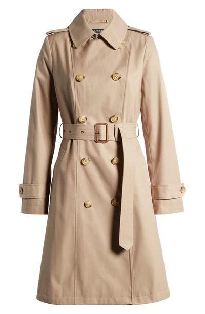 Lauren Ralph Lauren Water Resistant Belted Double Breasted Trench Coat In Birch Tan