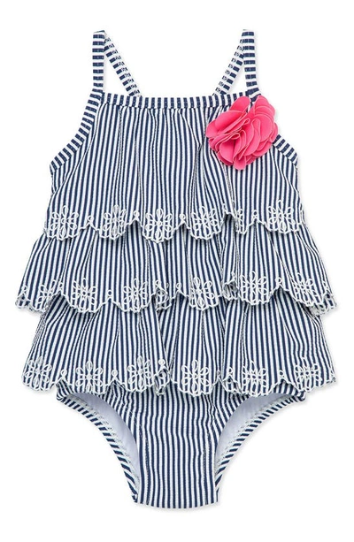 Little Me Girls' One Piece Striped Tiered Swimsuit - Baby In Navy