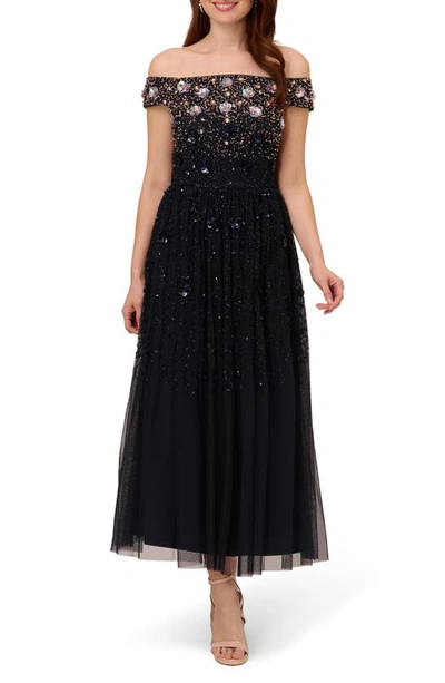 Adrianna Papell Beaded Off The Shoulder Tulle Gown In Navy/ Rose Gold