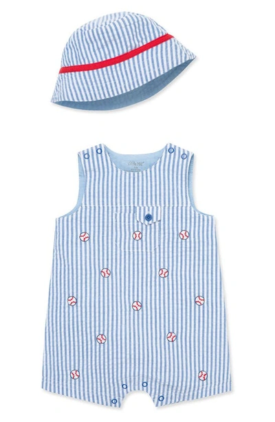 Little Me Babies' Baseball Cotton Seersucker Romper & Hat Set In Blue