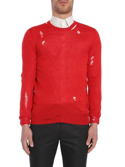 Alexander Mcqueen Distressed Crewneck Sweater, Red In Rosso