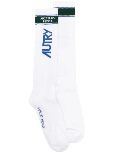 Autry White Socks With Logo In White/blue