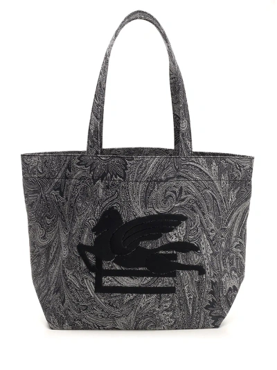 Etro Paisley Blue Denim Tote Bag In Black