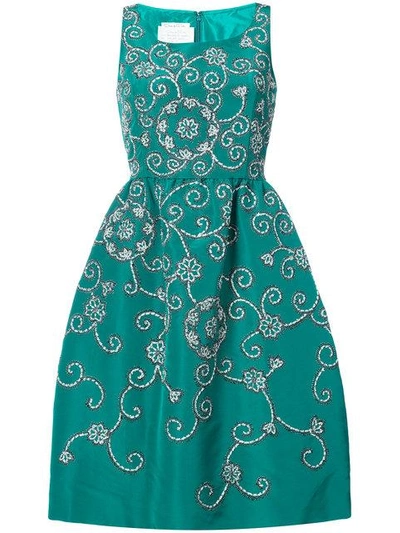 Oscar De La Renta Embroidered Floral Scroll Full-skirt Party Dress, Green In Emerald
