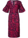 OSCAR DE LA RENTA RUFFLE SLEEVE BROCADE PRINT DRESS,P17N6015NAVGAR12204136