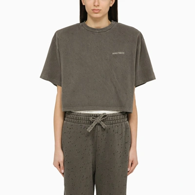 HALFBOY HALFBOY CROPPED T SHIRT WITH MAXI SHOULDERS IN BLACK WASHED OUT EFFECT
