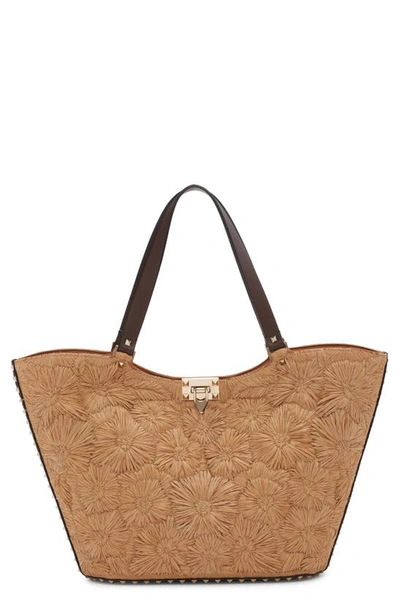 VALENTINO GARAVANI ROCKSTUD GARDEN EMBROIDERED RAFFIA TOTE