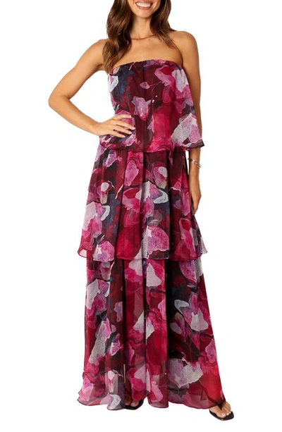 Petal And Pup Bloom Strapless Tiered Chiffon Maxi Dress In Purple Floral