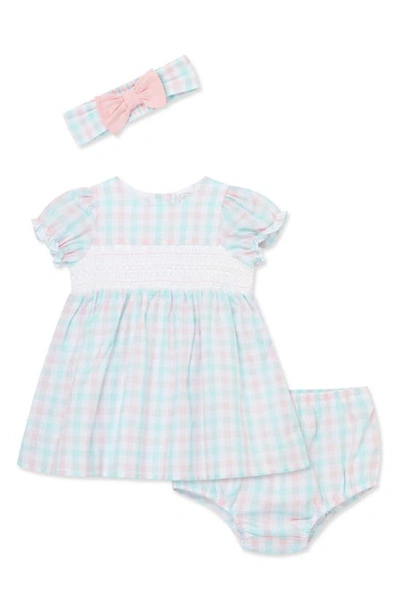 Little Me Baby Girls' Bow Check Headband, Smocked Check Dress, & Check Bloomers Set - Baby In White/pink