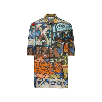 Off-white Neen Allover Short Sleeve Shirt Man Shirt Multicolored Size L Polyamide In Fantasy