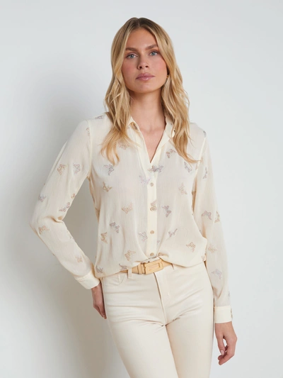 L Agence Laurent Metallic Butterfly Blouse In Ecru Multi Butterfly