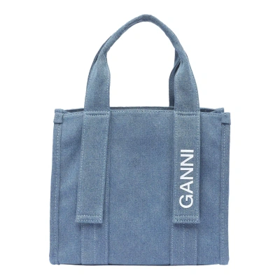 Ganni Recycled Tech Small Tote Denim In Blue