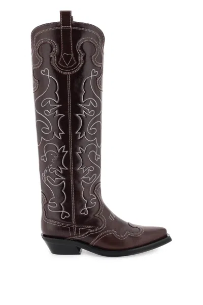 Ganni Embroidered Western High Boots In Purple