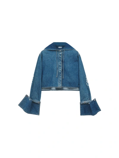 Loewe Anagram Crop Hooded Denim Shirt In Blue