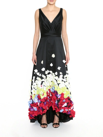 Marchesa Taffeta 3d Floral Degrade Gown In Black