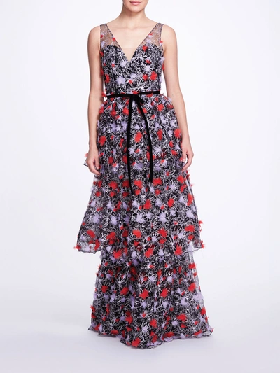 Marchesa Tiered Embroidered Floral Gown In Black